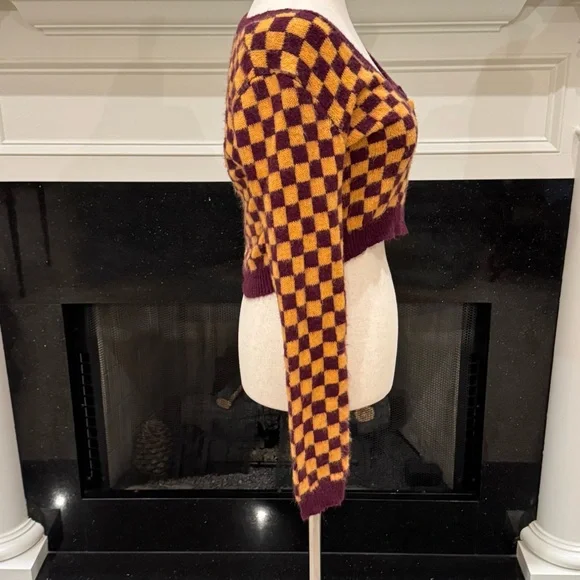 Zara Checkerboard Cropped Cardigan | Size Small | Maroon & Mustard - Picture 8 of 13